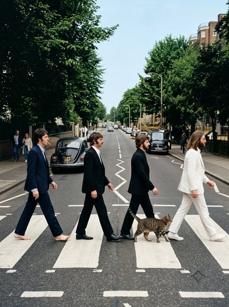 Cate crossing Abbey Road with the band