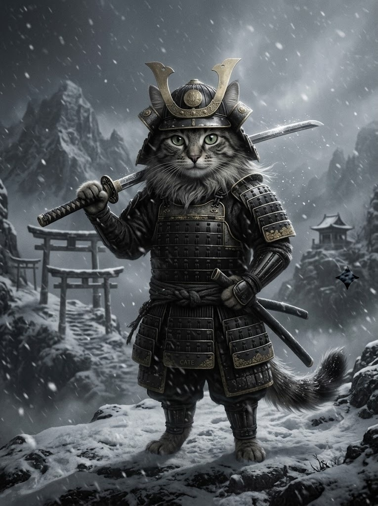 Cate as a samurai in the snow