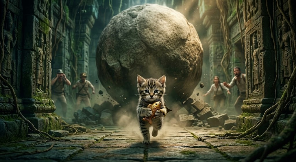 Cate escaping the temple with a golden fish