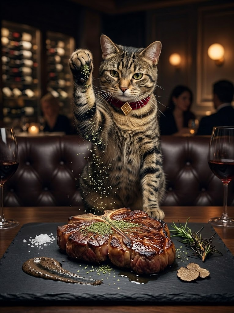 Cate salting a steak, restaurant style